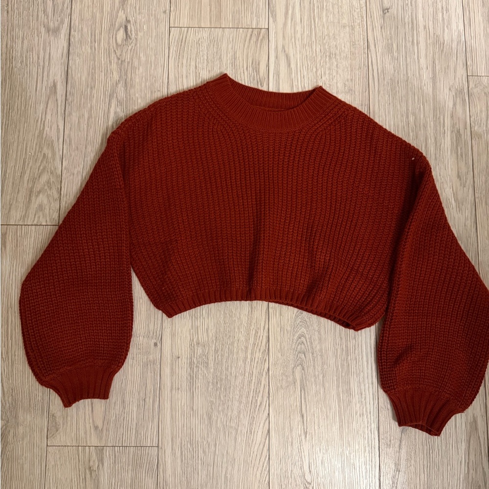 Burgundy Red Cropped Balloon Sleeve Sweater